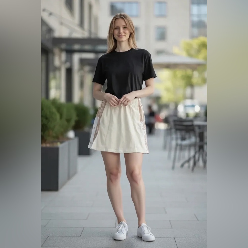 Adidas Originals Ivory Classic Skirt M‎ Women Tan Stripe Pockets Athletic Sporty